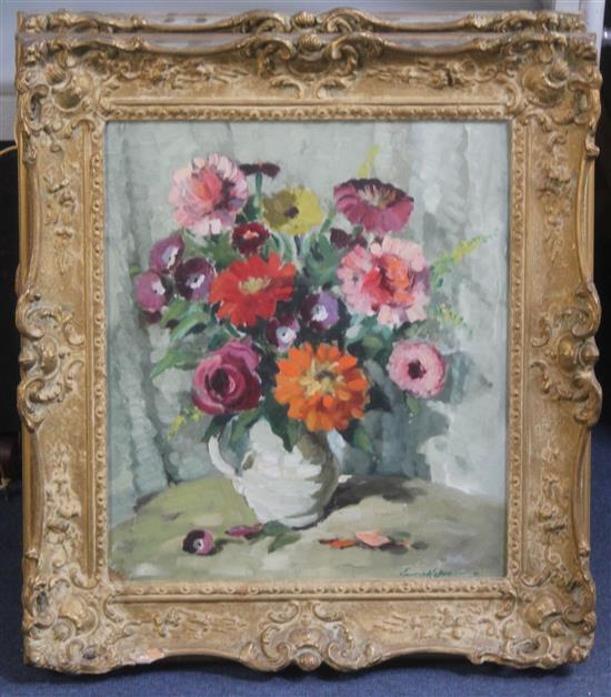 § Edward Wesson (1910-1983) Still lifes of flowers in a pottery jug and a pewter flagon, 15.5 x 13.5in.